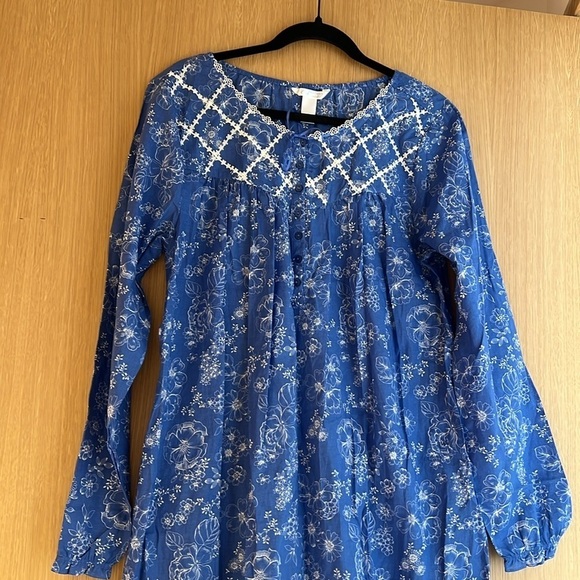 Adonna Blue Toile Nightgown Soft Knit Long Cottage Prairie Long Sleeves Size M - Picture 2 of 11